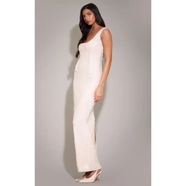 Crème Robe Longue Moulante À Encolure Arrondie Et Sequins Sans Manches