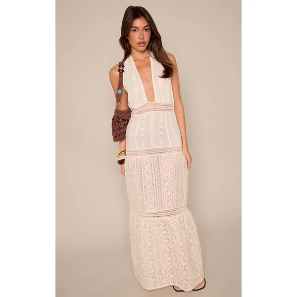 Crème Robe Longue Texturée À Col Licou