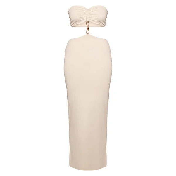 Crème Robe Maxi Bandeau Toucher Doux Avec Détail De Perles Et Découpe