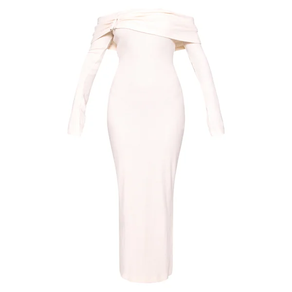 Crème Robe Maxi Côtelée Brossée Épaisse Avec Encolure Bardot