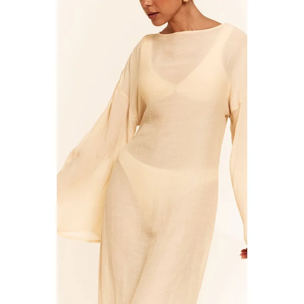 Crème Robe Maxi De Plage Aspect Lin À Manches Évasées