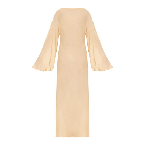 Crème Robe Maxi De Plage Aspect Lin À Manches Évasées