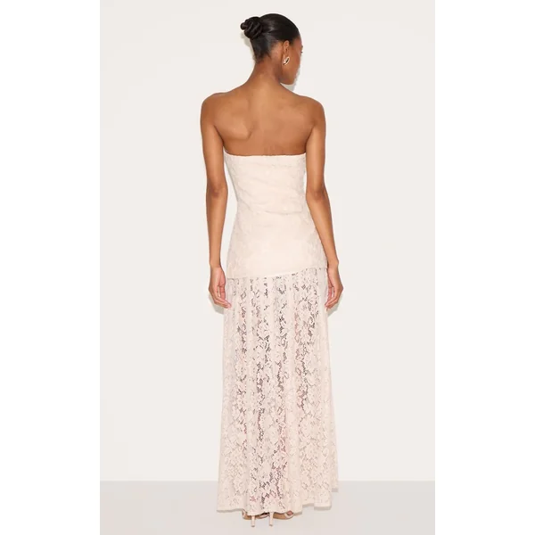 Crème Robe Midaxi Bandeau À Empiècements De Jupe En Dentelle Transparente