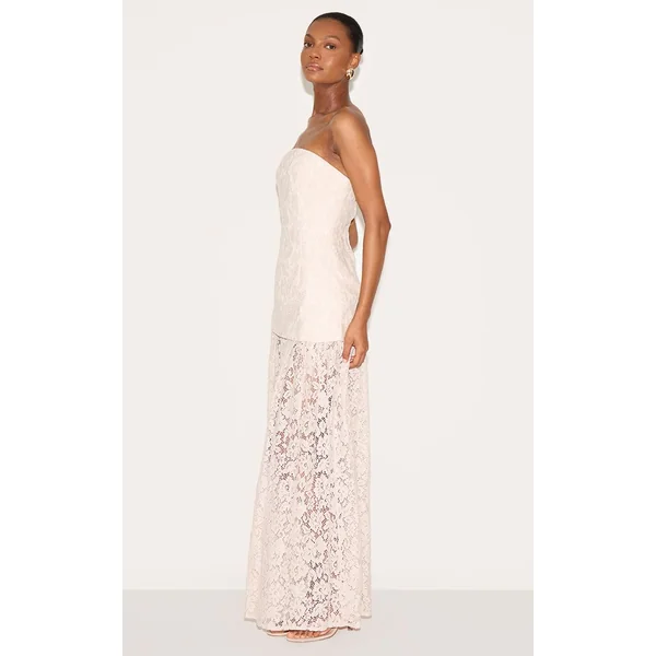 Crème Robe Midaxi Bandeau À Empiècements De Jupe En Dentelle Transparente