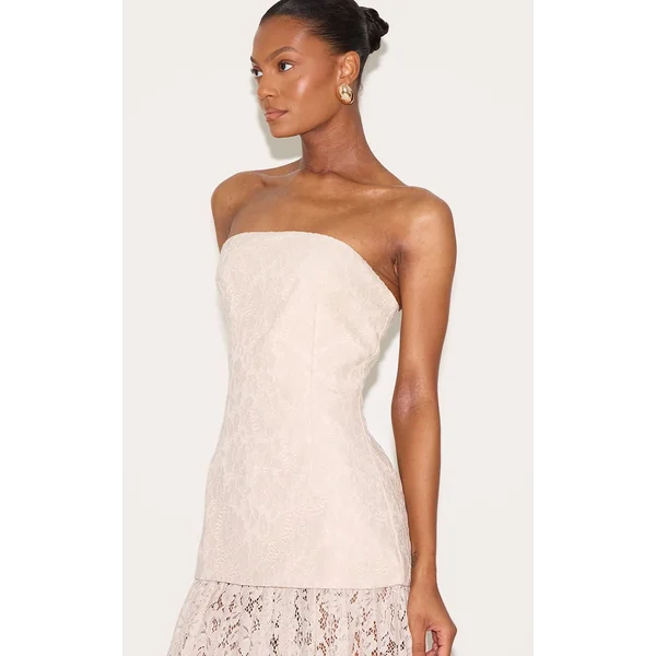 Crème Robe Midaxi Bandeau À Empiècements De Jupe En Dentelle Transparente