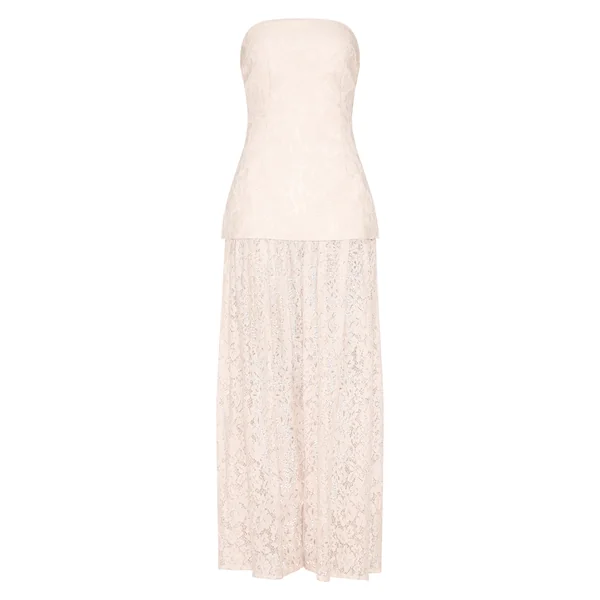 Crème Robe Midaxi Bandeau À Empiècements De Jupe En Dentelle Transparente