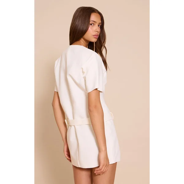 Crème Robe Mini Ceinturée En Tissu Tissé À Manches Courtes Oversize