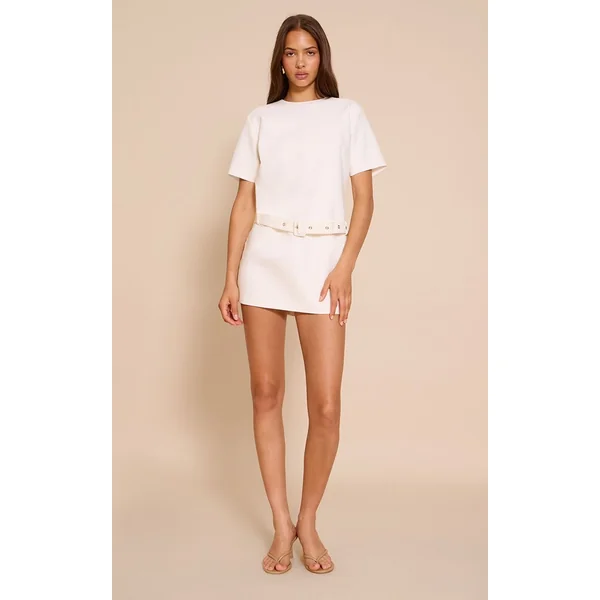 Crème Robe Mini Ceinturée En Tissu Tissé À Manches Courtes Oversize