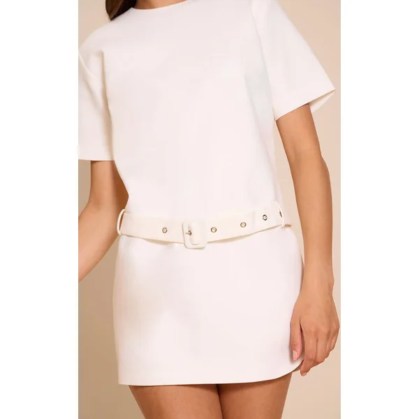 Crème Robe Mini Ceinturée En Tissu Tissé À Manches Courtes Oversize