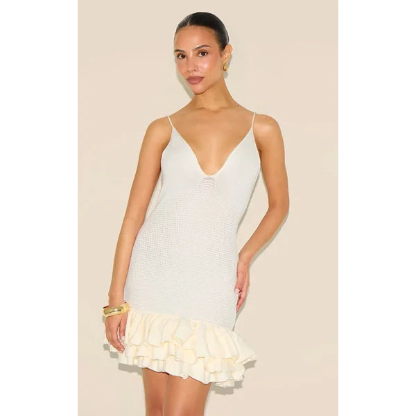 Crème Robe Mini À Bretelles En Maille Avec Ourlet À Volants Petite