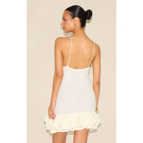 Crème Robe Mini À Bretelles En Maille Avec Ourlet À Volants Petite