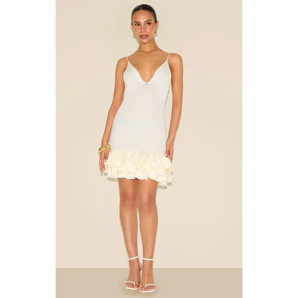 Crème Robe Mini À Bretelles En Maille Avec Ourlet À Volants Petite