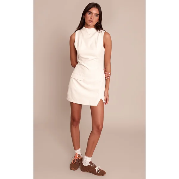 Crème Robe Moulante Sans Manches Tissée À Col Montant