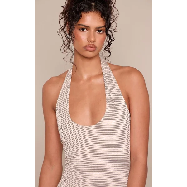 Crème Robe Moulante À Rayures Avec Encolure Américaine