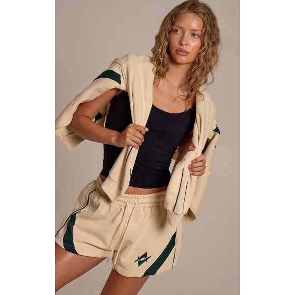 Crème Short De Sport Brodé Graphique À Empiècements Contrastés