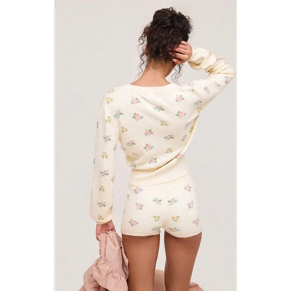 Crème Short Mini En Maille À Motif Floral