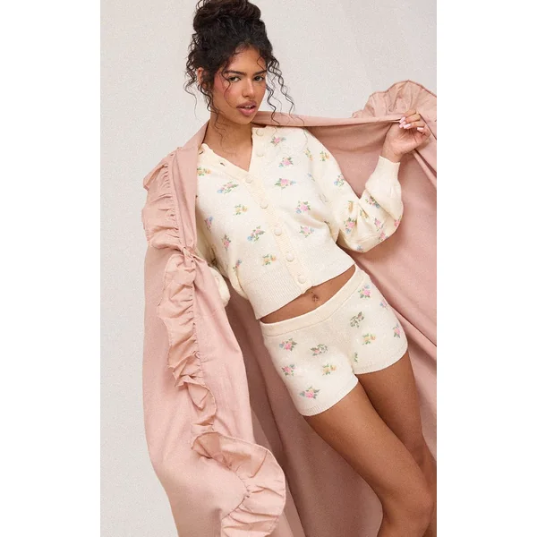 Crème Short Mini En Maille À Motif Floral