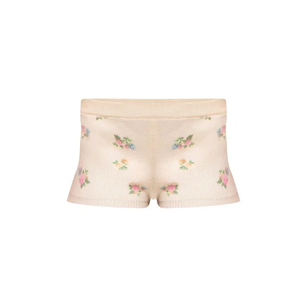 Crème Short Mini En Maille À Motif Floral