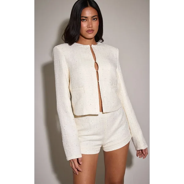 Crème Short Taille Haute Bouclé À Sequins