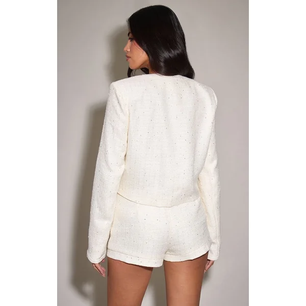 Crème Short Taille Haute Bouclé À Sequins