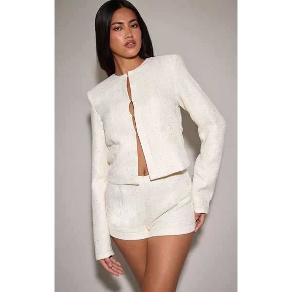 Crème Short Taille Haute Bouclé À Sequins