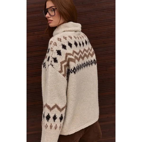 Crème Synthétiquell Col Montant Motif Jacquard