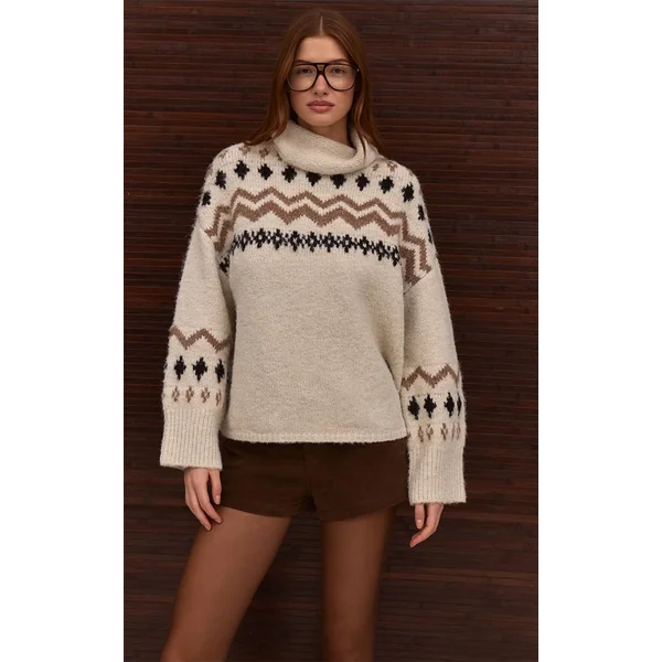 Crème Synthétiquell Col Montant Motif Jacquard