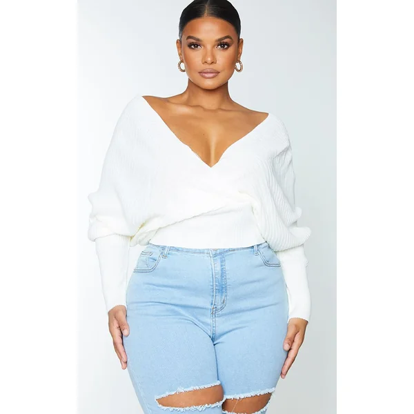 Crème Synthétiquell Grande Taille Ivoire Cache-cœur À Épaules Dénudées
