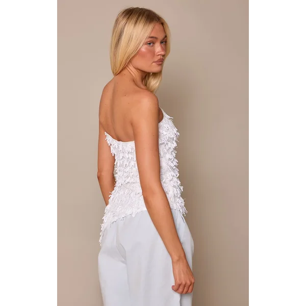 Crème Top Bandeau Asymétrique À Sequins Et Franges