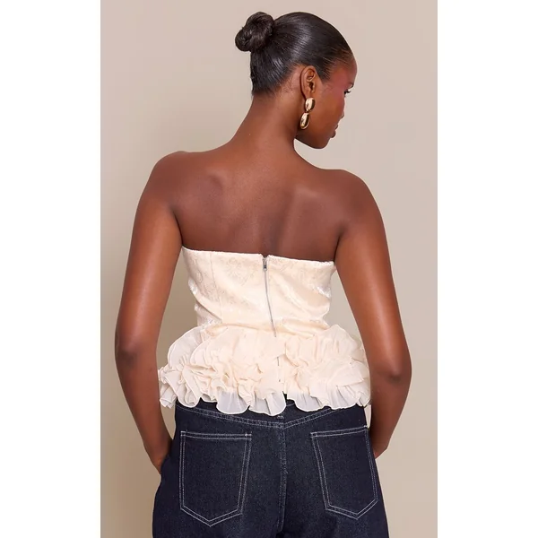 Crème Top Bandeau À Ourlet À Volants En Jacquard Brodé