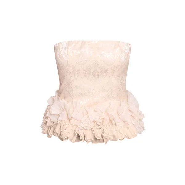 Crème Top Bandeau À Ourlet À Volants En Jacquard Brodé