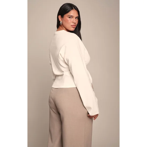 Crème T-shirt Grande Taille À Manches Longues Resserrées Et Manches Cocoon