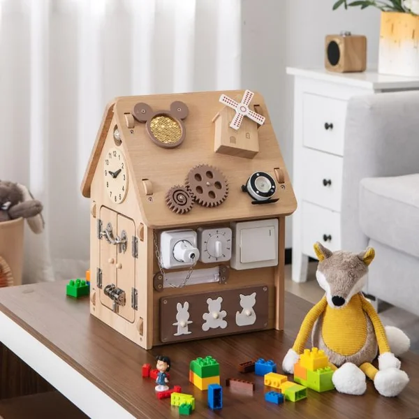 Cube d'Activité en Bois avec Espace de Rangement Intérieur Maison de Jouet Educative avec Coins Ronds pour Enfants de 3 Ans+