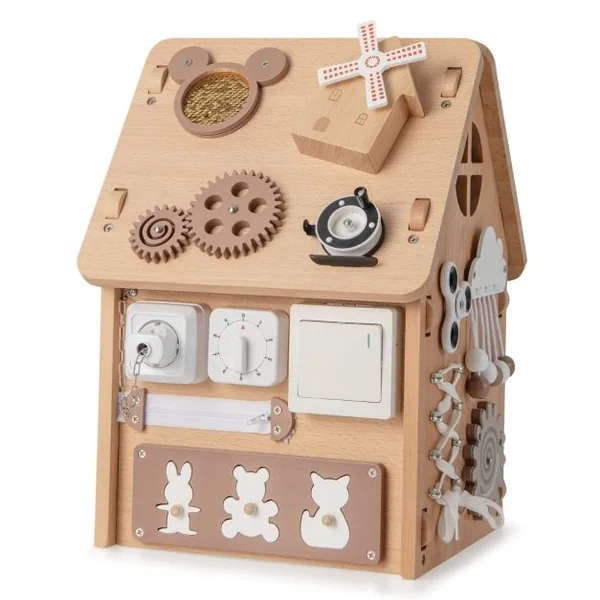 Cube d'Activité en Bois avec Espace de Rangement Intérieur Maison de Jouet Educative avec Coins Ronds pour Enfants de 3 Ans+