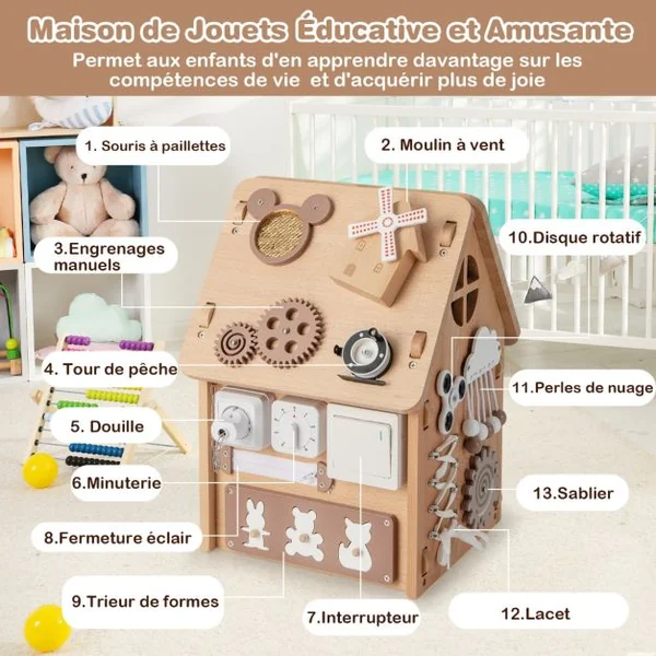 Cube d'Activité en Bois avec Espace de Rangement Intérieur Maison de Jouet Educative avec Coins Ronds pour Enfants de 3 Ans+