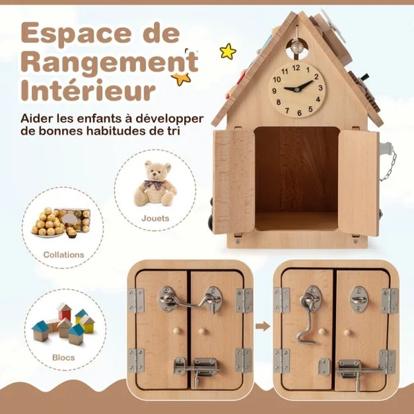 Cube d'Activité en Bois avec Espace de Rangement Intérieur Maison de Jouet Educative avec Coins Ronds pour Enfants de 3 Ans+