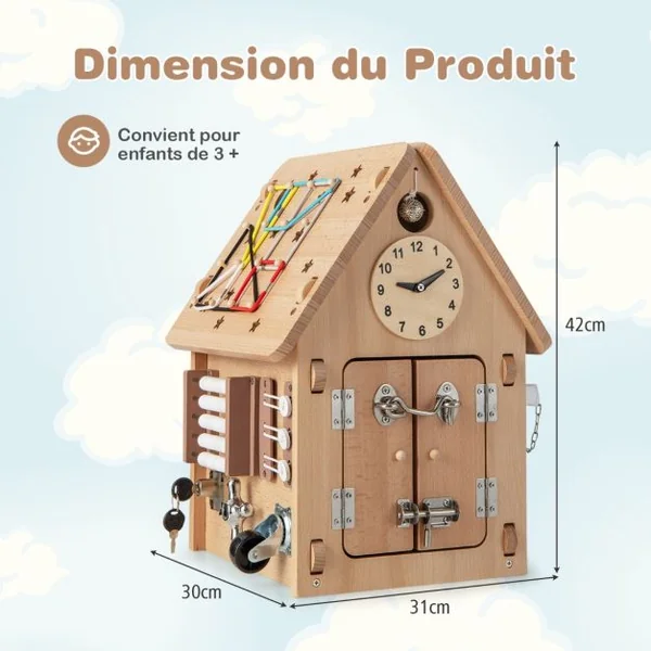 Cube d'Activité en Bois avec Espace de Rangement Intérieur Maison de Jouet Educative avec Coins Ronds pour Enfants de 3 Ans+