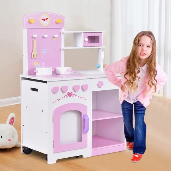 Cuisine 2 en 1 en Bois pour Enfant 3+ ans Jeu de Cuisine enfants en pin Jeu Éducatif, rose et blanc, 60*33*90 cm