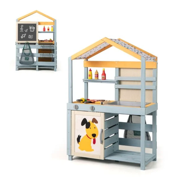 Cuisine de Boue 2 en 1 en Bois Cuisine de Jeu Extérieure et Magasin d'Alimentation avec Évier Amovible Sac de Rangement et Paniers Gris