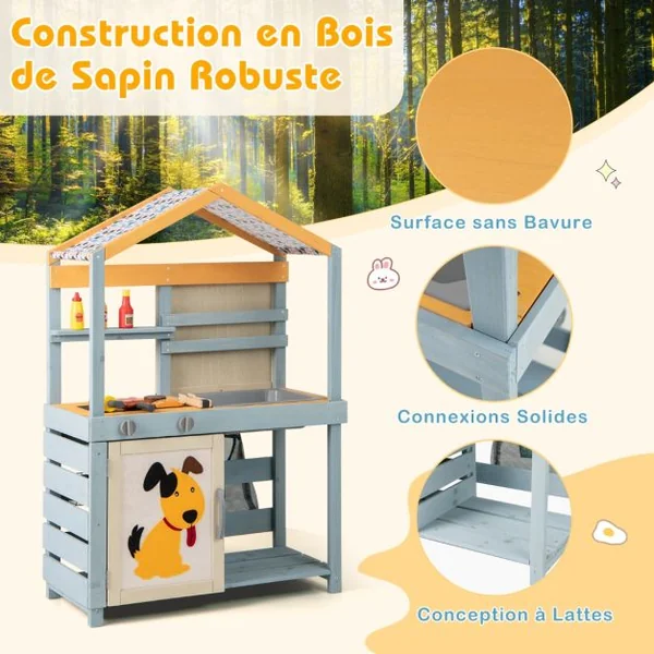 Cuisine de Boue 2 en 1 en Bois Cuisine de Jeu Extérieure et Magasin d'Alimentation avec Évier Amovible Sac de Rangement et Paniers Gris