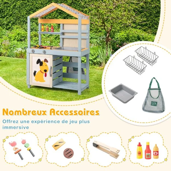 Cuisine de Boue 2 en 1 en Bois Cuisine de Jeu Extérieure et Magasin d'Alimentation avec Évier Amovible Sac de Rangement et Paniers Gris
