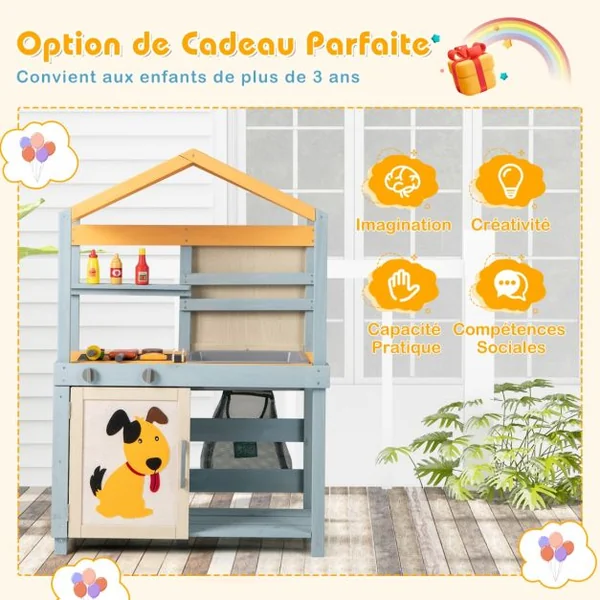 Cuisine de Boue 2 en 1 en Bois Cuisine de Jeu Extérieure et Magasin d'Alimentation avec Évier Amovible Sac de Rangement et Paniers Gris
