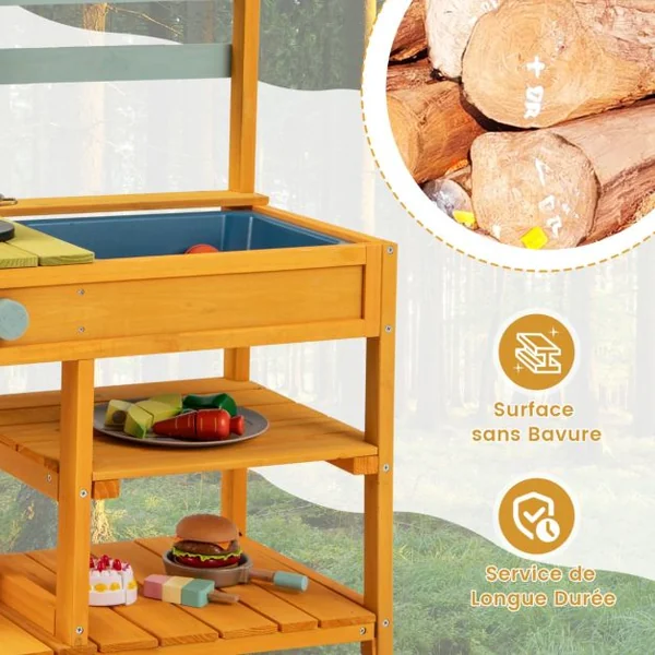 Cuisine de Boue en Bois de Sapin avec Cuisinières Boutons et Évier Aire de Jeu avec Crochets Suspendus et Étagères de Rangement Jaune/Naturel