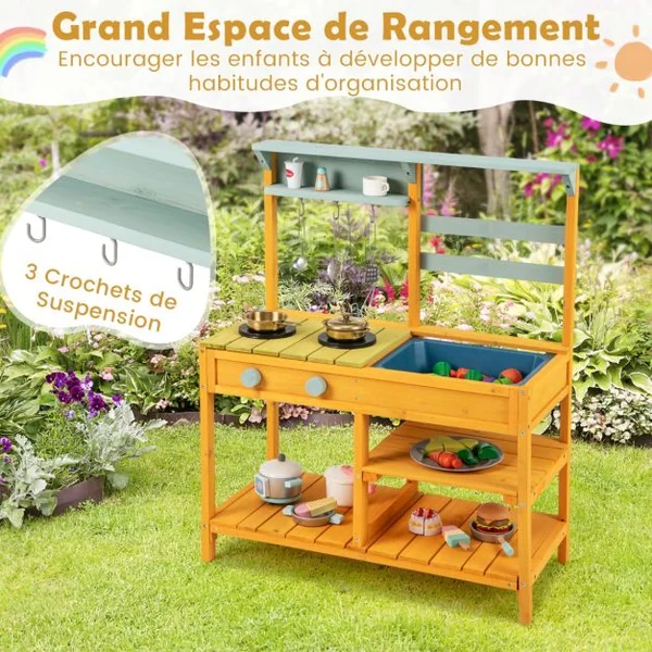 Cuisine de Boue en Bois de Sapin avec Cuisinières Boutons et Évier Aire de Jeu avec Crochets Suspendus et Étagères de Rangement Jaune/Naturel