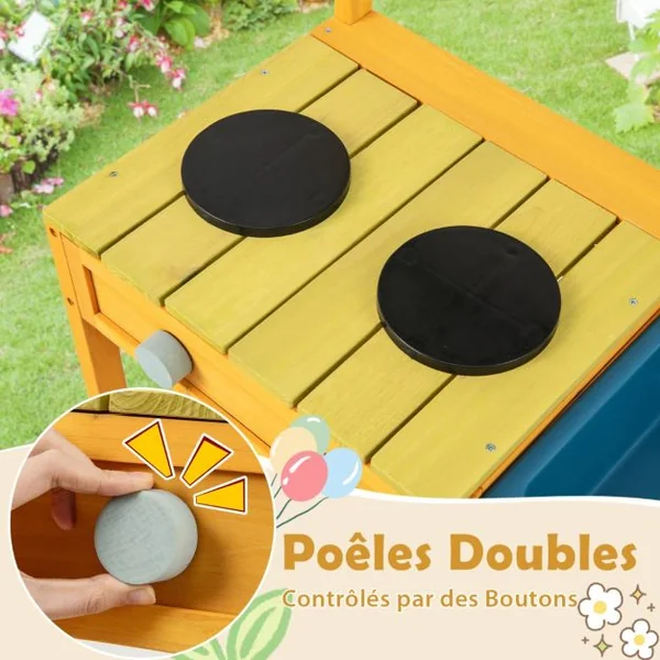 Cuisine de Boue en Bois de Sapin avec Cuisinières Boutons et Évier Aire de Jeu avec Crochets Suspendus et Étagères de Rangement Jaune/Naturel