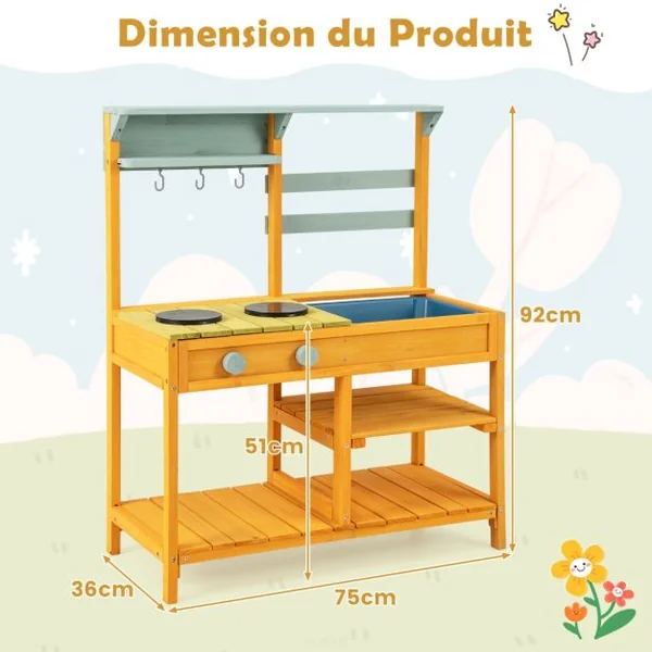 Cuisine de Boue en Bois de Sapin avec Cuisinières Boutons et Évier Aire de Jeu avec Crochets Suspendus et Étagères de Rangement Jaune/Naturel