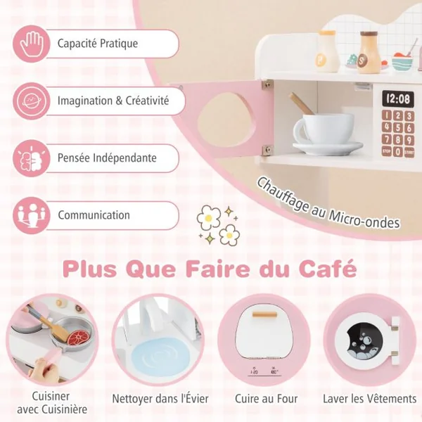 Cuisine de Jeu avec Cafetière Micro-ondes Four Machine à Laver Accessoires de Cuisine et Évier pour 3 Ans+ Rose