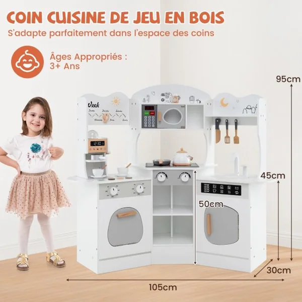 Cuisine de Jeu d'Angle en Bois avec Lumières et Sons Machine à Café Micro-Ondes Four Machine à Laver pour 3+ ans Marron/Rose/Blanc