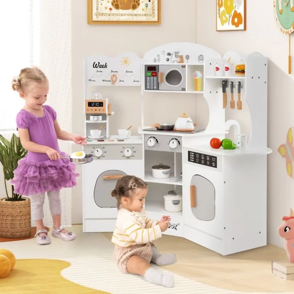 Cuisine de Jeu d'Angle en Bois avec Lumières et Sons Machine à Café Micro-Ondes Four Machine à Laver pour 3+ ans Marron/Rose/Blanc
