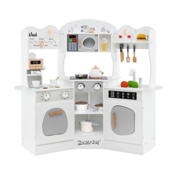 Cuisine de Jeu d'Angle en Bois avec Lumières et Sons Machine à Café Micro-Ondes Four Machine à Laver pour 3+ ans Marron/Rose/Blanc